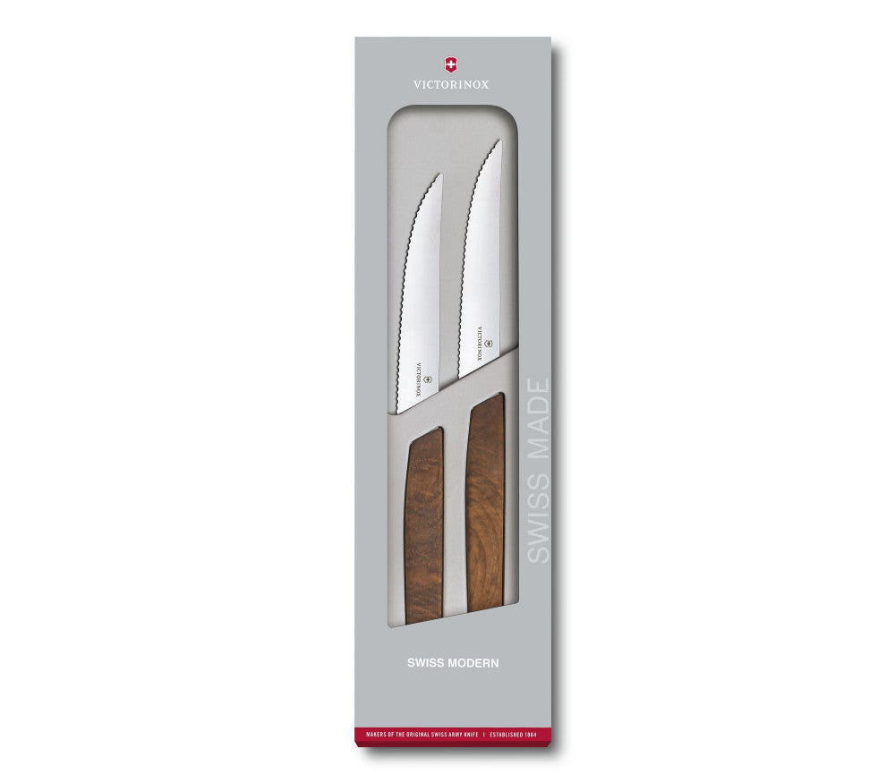 Swiss Modern Steak Knife Set 2 Pieces Knurled Walnut